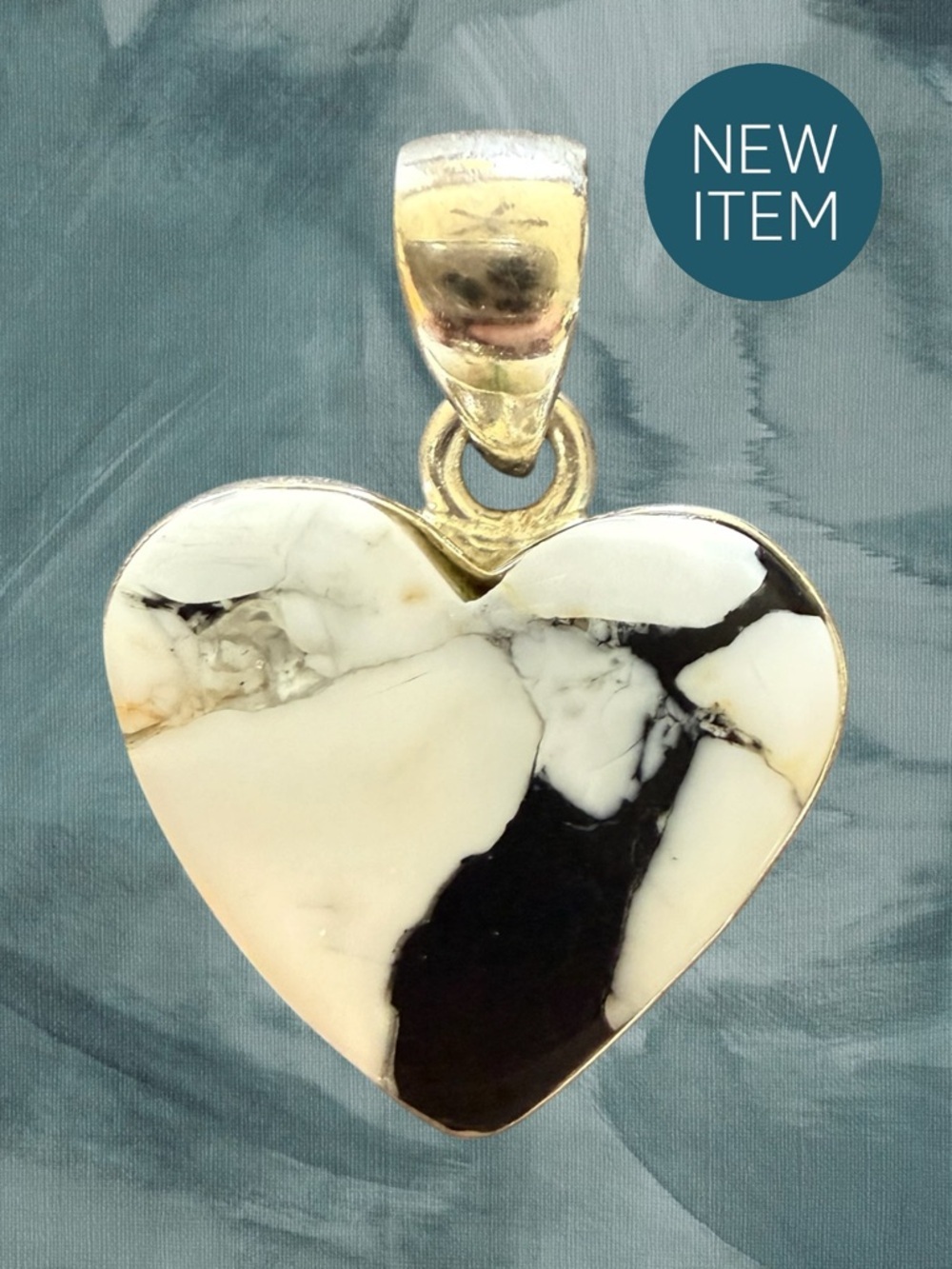 Buffalo Stone Heart Pendant 925 Sterling Silver – Black & White Gemstone